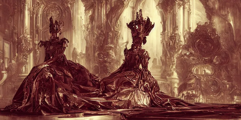 Prompt: epic, cinematic, classic, leading lines, low angle, a 1 7 th century beautiful techno cyborg queen, sitting on the throne in her throne room, symmetry, baroque interior, shiny marble floor, ornate dark red opulent clothing, scifi, futuristic, optimistic, concept art, fauvissm, cubism, expressive, impressionist,