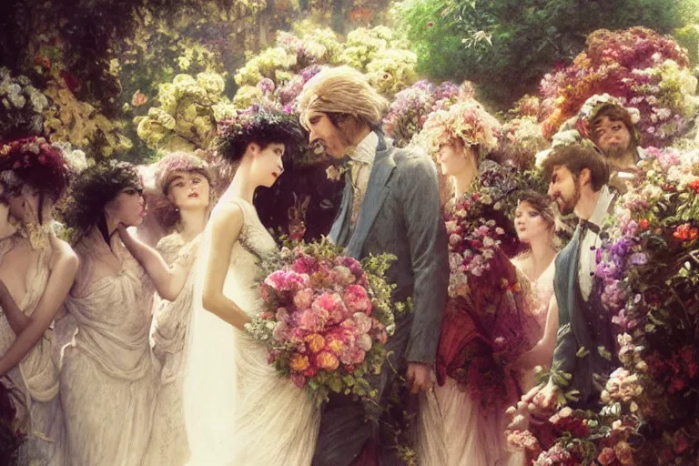 Image similar to the groom look at the bride at a wedding full of flowers, bright and happy, dreamlike art, highly detail, 4 k realistic, wedding photoy krenz cushart, artem demura, yoji shinkawa artgerm, jon lothian, danilo torres. adi meyers. thomas reimann. gaston bussiere.