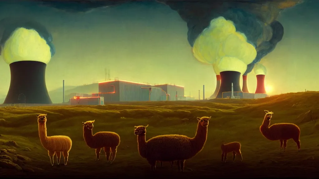 Prompt: A nuclear power plant in utopia by Simon Stålenhag and J.M.W. Turner, oil on canvas<photobomb>Alpaca</photobomb>; Nuclear Fallout, Art Direction by Adam Adamowicz; 4K, 8K Ultra-Realistic Depth Shading; Epic 4k dream drone shots