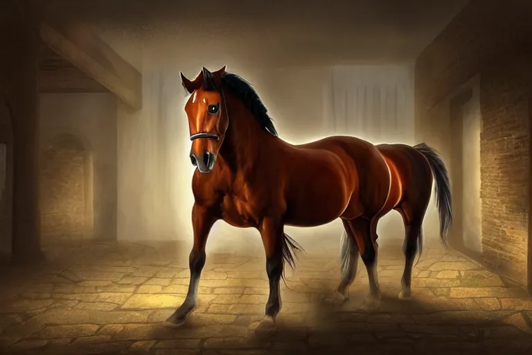 Image similar to A horse attempting to solve a jigsaw puzzle!!!, looking confused, cinematic lighting, evening light, stables, digital painting, volumetric light, concept art, trending on artstation