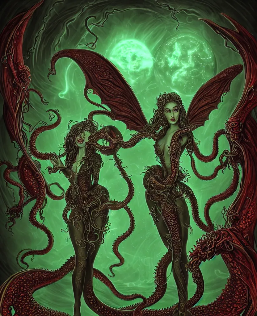 Prompt: lifelike portrait of an enchanting feminine cthulhu goddess with timeless beauty, breathtaking glowing eyes & huge dragon wings that have a bioluminescent glow, she is wearing victorian gothic apparel a glowing green plasma sword in her hand, red moon rising in behind her with many tentacles protruding from the shadow to frame the image, 8k, biblical mana art, unbeatable coherency, highly intricate digital art, incomprehensible and perspicious detail, unbeatable quality, silent hill aesthetic, lifelike, 8k, unbeatable coherency, HP Lovecraft, by Reivash & AyyaSAP on deviantart