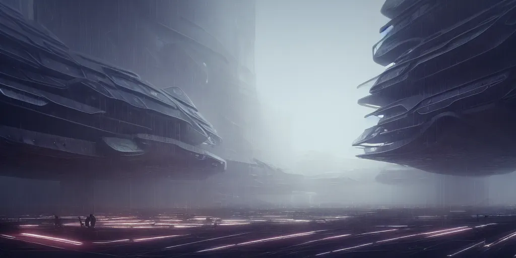 Image similar to an abandoned dystopian city of parametric architecture, technopunk, by federico pelat and james paick and zaha hadid, concept art, hyperrealism, 8 k resolution, octane render, cinematic, ominous, dramatic, volumetric lighting, misty