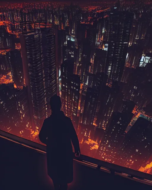 Prompt: a photorealistic night rooftop scene by Liam Wong, neon lights in the city below, close up shot of a photorealistic gangster wearing a trench coat looking at the city below, dark mood, octane render, unreal engine, raytracing