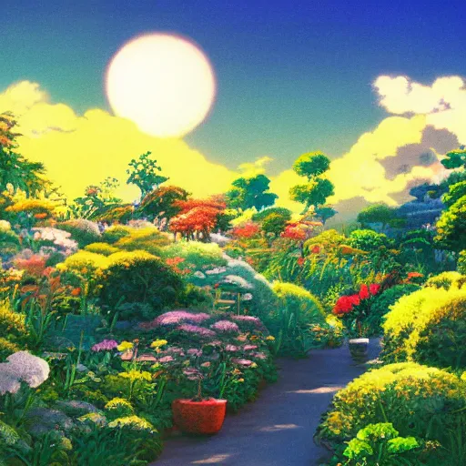 Prompt: a painting of a garden in the heavens by studio ghibli, golden hour, dreamy, misty, cool, detailed