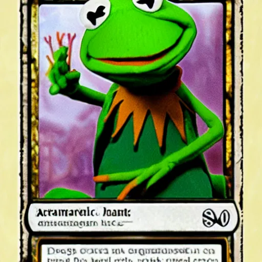 Image similar to a magic the gathering card featuring kermit the frog