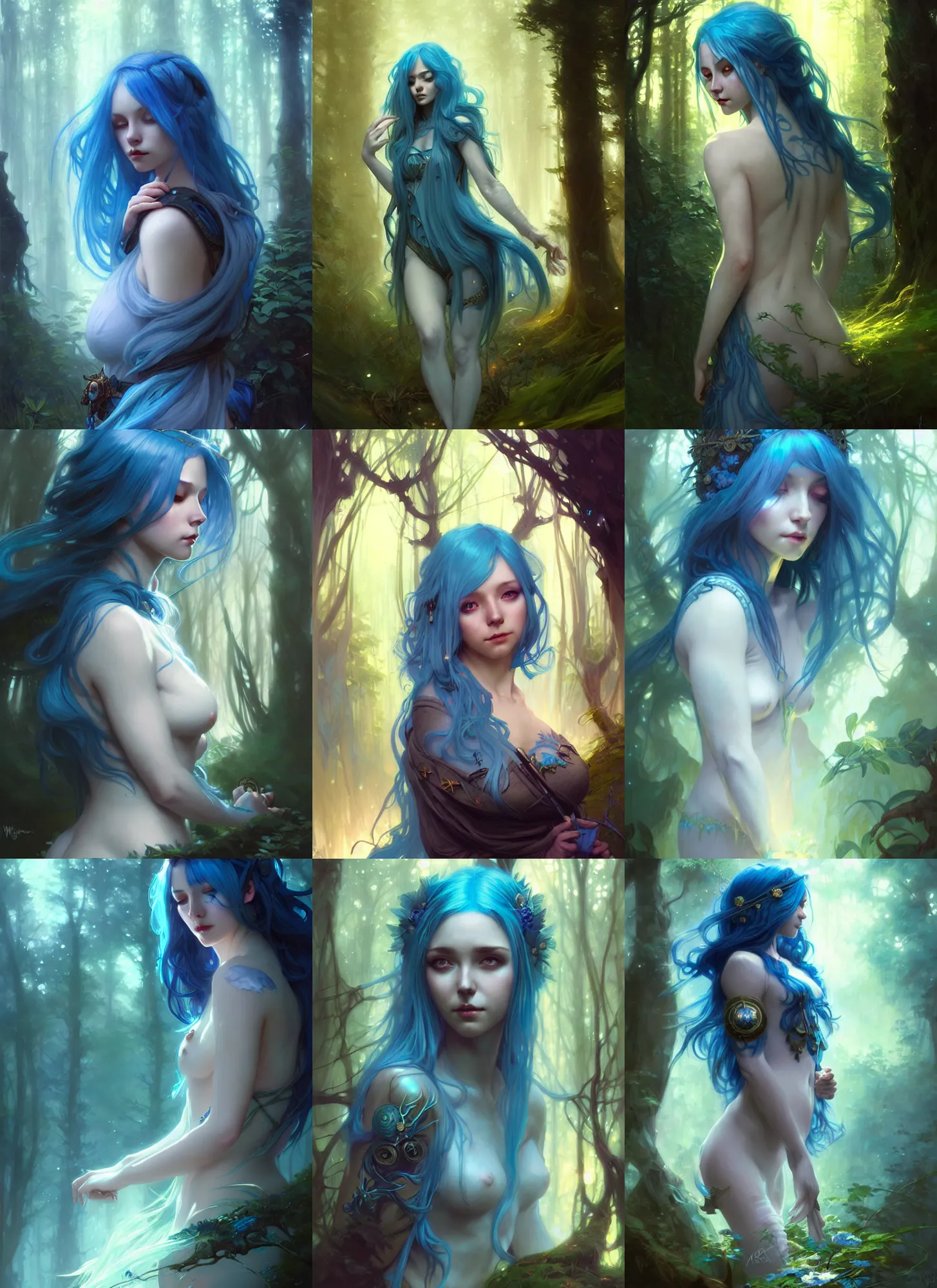 Image similar to stunningly beautiful female blue hair, fantasy art, fae priestess, lush forest landscape, dark light night, sharp focus, digital painting, 4 k, concept art, art by wlop, artgerm, greg rutkowski and alphonse mucha