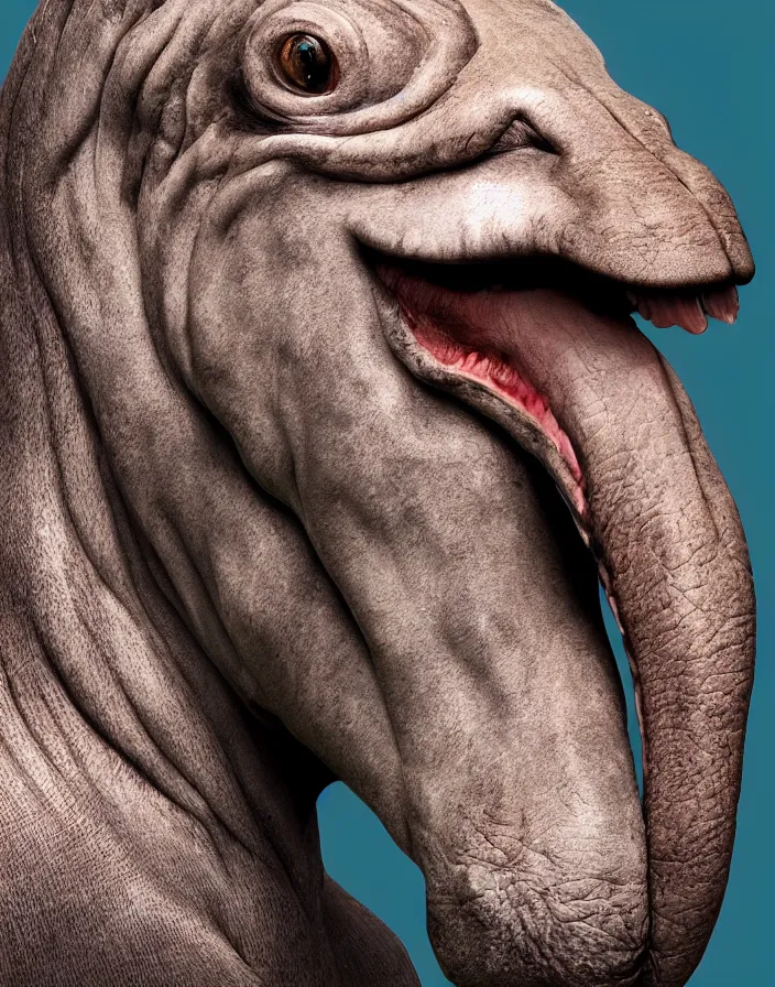 Image similar to closeup portrait of muscular animal human merged head dolphin, merged with monkey head, hippo face morphed, horse head animal merge, morphing dog head, merging crocodile head, anthropomorphic, creature, solid background