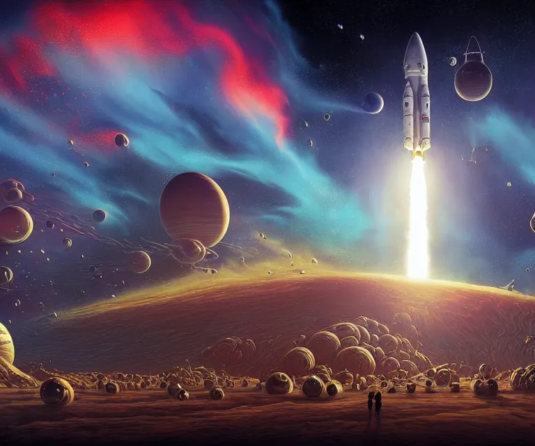 Prompt: hyper detailed 3d render like a Oil painting - crowds cheer at a spaceport on a beautiful faraway planet as a rocket blasts off, large gas giant in the dramatic nebula-filled alien sky, retrofuturistic science fiction vibe, by Jacek Yerka, Mariusz Lewandowski, Houdini algorithmic generative render, Abstract brush strokes, Masterpiece, Edward Hopper and James Gilleard, Zdzislaw Beksinski, Mark Ryden, Wolfgang Lettl, hints of Yayoi Kasuma, octane render, 8k, wide angle shot