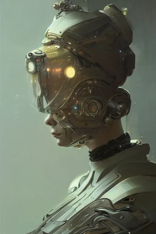 Image similar to A full portrait of a scifi tech priest, intricate, elegant, highly detailed, digital painting, artstation, concept art, smooth, sharp focus, illustration, art by Krenz Cushart and Artem Demura and alphonse mucha