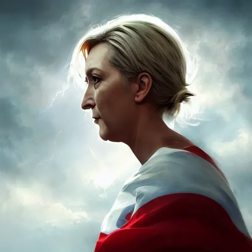 Image similar to Portrait of Marine le Pen , french flag, nationalistic, amazing splashscreen artwork, splash art, head slightly tilted, natural light, elegant, intricate, fantasy, atmospheric lighting, cinematic, matte painting, by Greg rutkowski