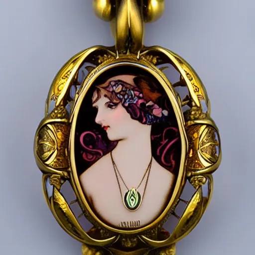 Image similar to an artnouveau goddess face by alfons mucha as an artnouveau style necklace by rene lalique