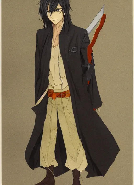 Prompt: half - body character portrait by tatsuki fujimoto of a handsome male vampire, sword holster, long black hair, light brown coat