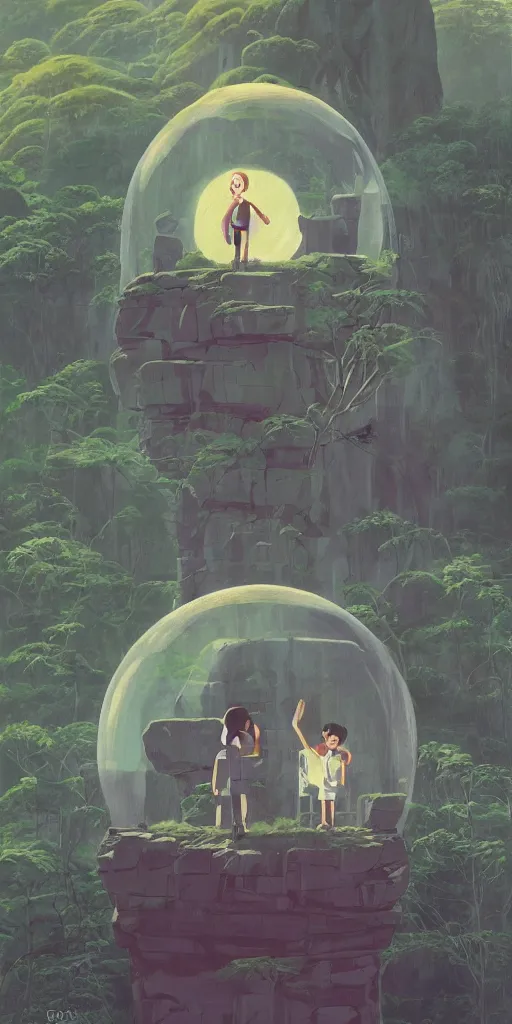 Prompt: hyperrealist, studio ghibli dull colors portrait from close encounters of the third kind 1 9 7 7 of a young scientist swaying in a jungle bubble monument valley stonehenge.