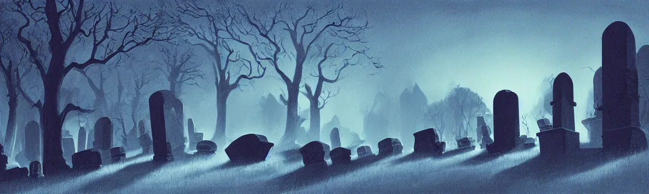 Prompt: A matte painting of tombstones in a spooky haunted graveyard at night by Eyvind Earle