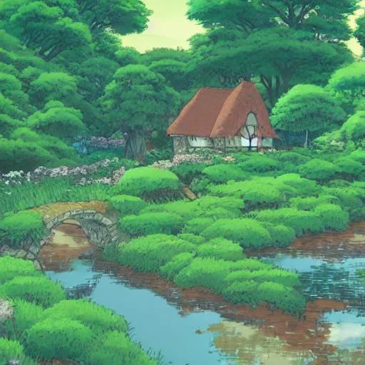 Prompt: a studio ghibli landscaoe, lush grass, old english cottage, 4 k, widescreen.