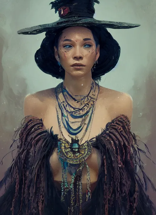 Image similar to A fancy portrait of a Mayan witch by Greg Rutkowski, Sung Choi, Mitchell Mohrhauser, Maciej Kuciara, Johnson Ting, Maxim Verehin, Peter Konig, Bloodborne, 8k photorealistic, cinematic lighting, HD, high details, dramatic, atmospheric , trending on artstation