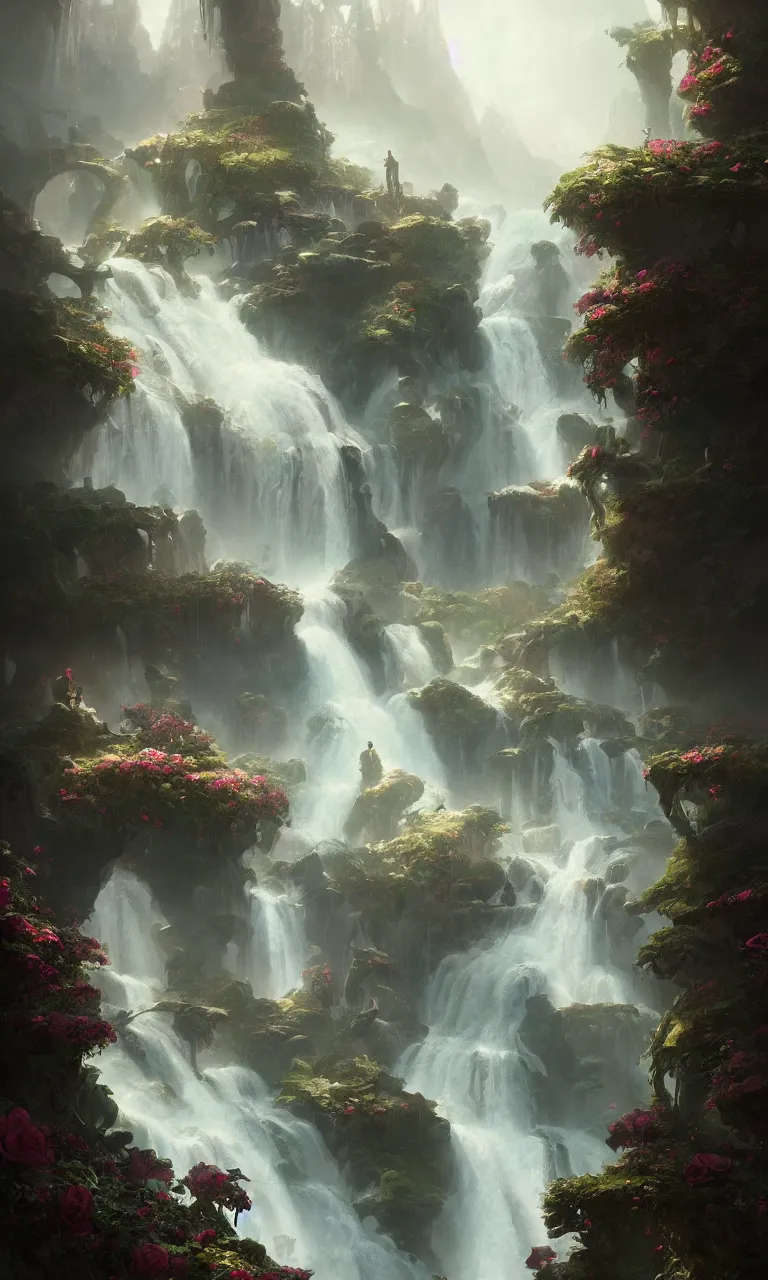 Image similar to fantasy world detailed art, dreamy roses waterfall, cinematic view, detailed, concept art, high detail, warm fantasy lighting, volumetric, trending on artstation, art greg rutkowski