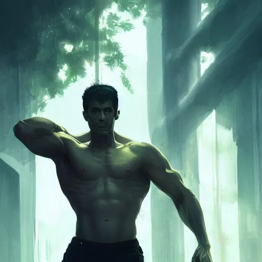 Prompt: male with black short hair and green eyes by Greg Rutkowski, Sung Choi, Mitchell Mohrhauser, Maciej Kuciara, Johnson Ting, Maxim Verehin, Peter Konig , mythical, 8k photorealistic, hot, muscle, cinematic lighting, HD, high details
