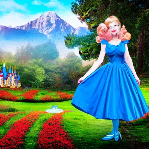 Image similar to giant alice in wonderland, pin up, houses, trees, mountains, woman, city, digital art, photo, blue dress, photoshop, flowers, colorful