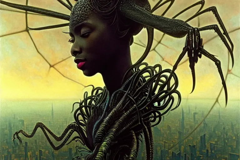 Prompt: realistic detailed photorealistic closeup portrait movie shot of a beautiful black woman riding a giant spider, dystopian city landscape background by denis villeneuve, amano, yves tanguy, alphonse mucha, ernst haeckel, jean delville, david lynch, edward robert hughes, roger dean, cyber necklace, rich moody colours, cyber patterns, wide angle