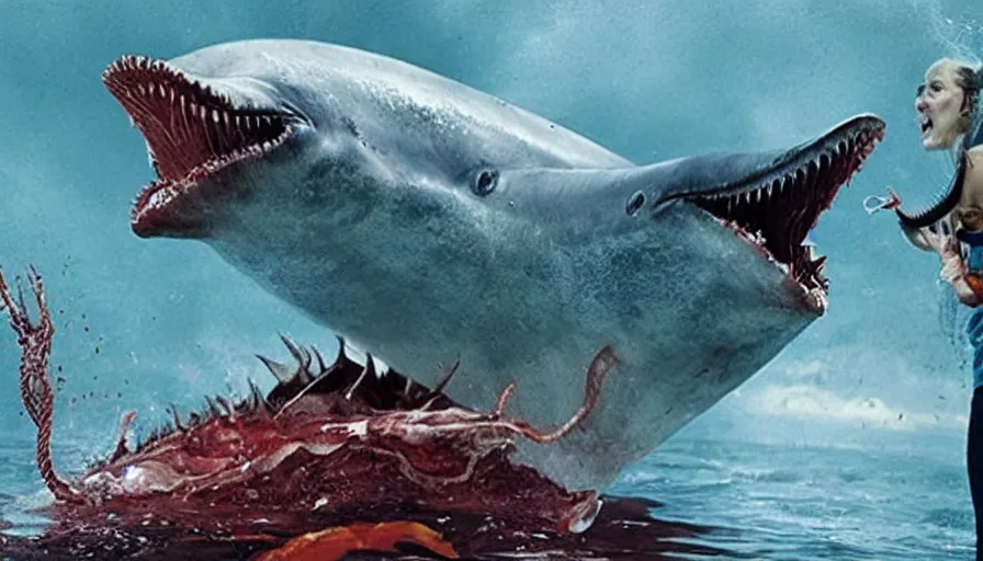 Prompt: big budget horror movie about a carnivorous earthworm attacking a cyborg dolphin