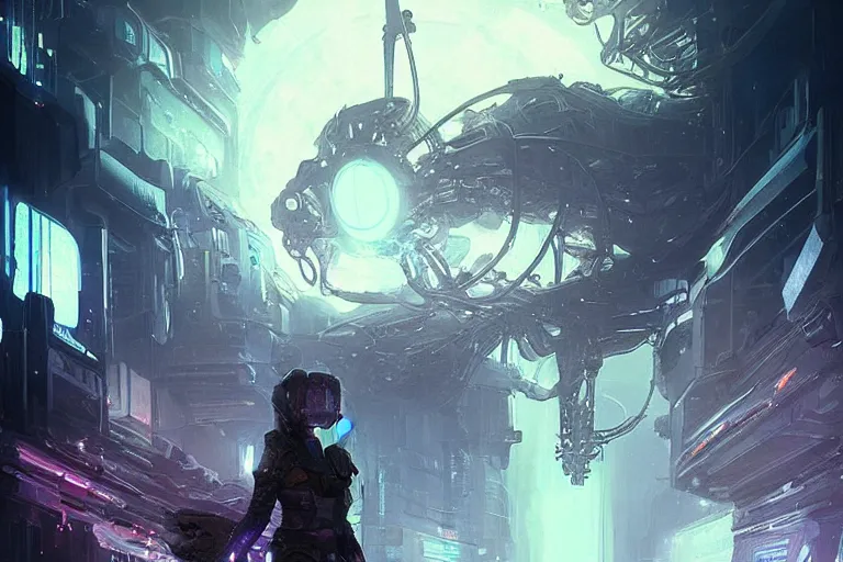 Prompt: portrait sci-fi art by Greg Rutkowski and Ruan Jia and artgerm and Alphonse Mucha, a glowing alien liquid metal orb floating above the hand of a soldier, solar flares, futuristic environment, detailed and intricate environment, fractal biomech, cyberpunk, neon color, purple bioluminescence, chrome, dramatic lighting, cinematic, high technology, highly detailed portrait, digital painting, artstation, concept art, smooth, sharp focus, ilustration, Artstation HQ