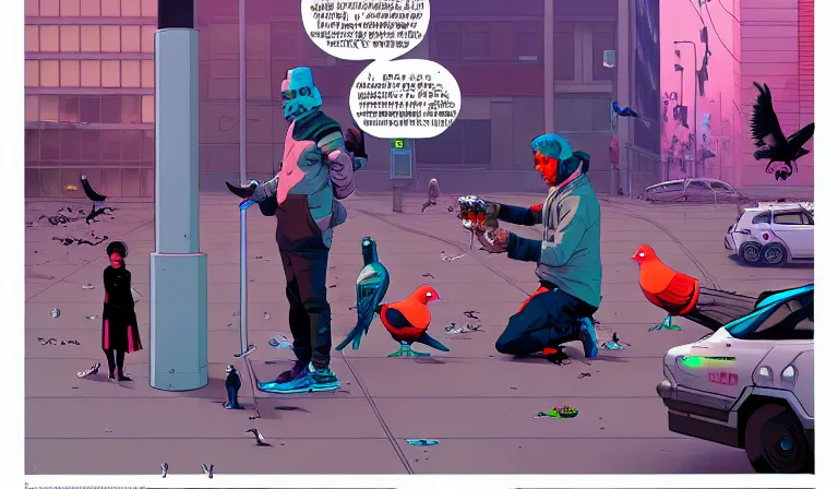 Prompt: cyborg feeding electric pigeons at a dirty crowded streetcorner, cyberpunk, by Josan Gonzalez and Tomer Hanuka, bokh, dof