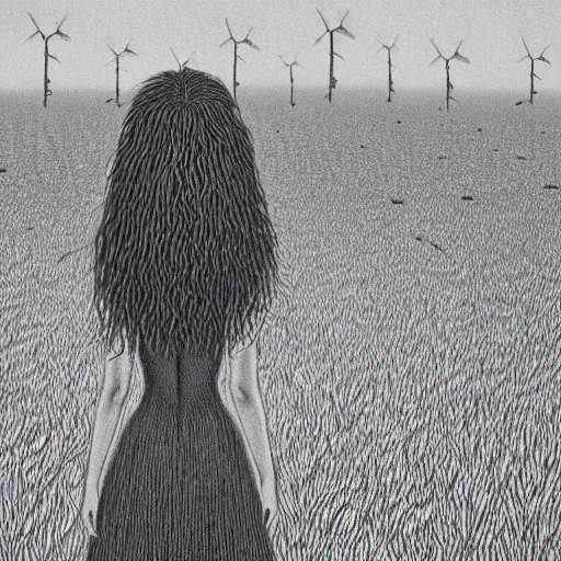 Image similar to cgi, monumental manga by chris van allsburg, by jennifer rubell. a art installation of a woman standing in a field of ashes, her dress billowing in the wind. her hair is wild & her eyes are closed, in a trance - like state. dark & atmospheric, ashes seem to be alive, swirling around.