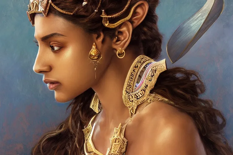 Prompt: portrait of Princess Zelda, brown skin, fantasy, intricate, elegant, dramatic lighting, emotionally evoking symbolic metaphor, highly detailed, lifelike, photorealistic, digital painting, artstation, concept art, smooth, sharp focus, illustration, art by John Collier and Albert Aublet and Krenz Cushart and Artem Demura and Alphonse Mucha