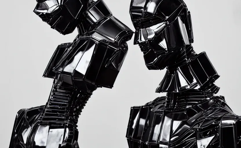 Image similar to gleaming black construction robots designed by alexander mcqueen, award winning fashion photography, beautiful soft lighting