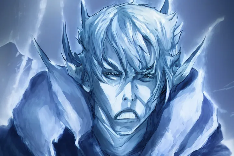 Prompt: a portrait of Night King of Game of Thrones by Kubo Tite,Bleach manga style,small horns, detailed,ice mountains in the background,artstation,manga,ichigo kurosaki smiling face