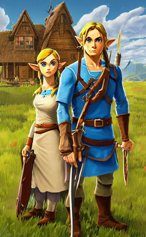 Prompt: Link and Zelda as American Gothic by Grant Wood in the style of Legend of Zelda: Breath of The Wild, unreal engine, high quality render