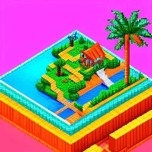 Image similar to Isometric pixel art 3D Fantasy Island, very realistic, no background, very colourful, cinematic lighting, cgi render, trending on Artstation