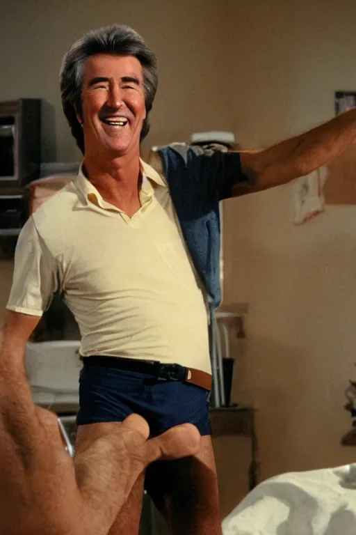 Image similar to Randy Mantooth laughing, dressed in underpants that are stained yellow and brown, highly detailed, 8k,