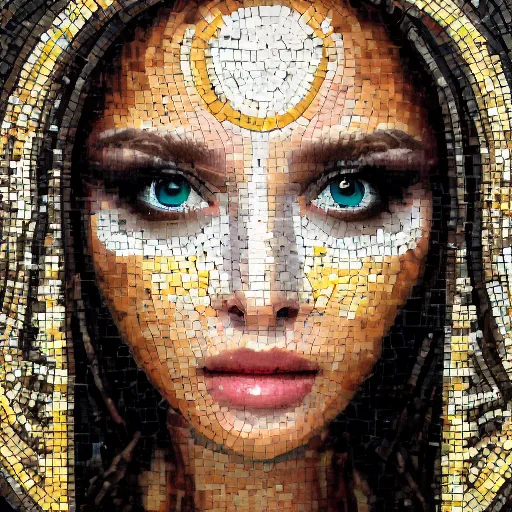 Image similar to portrait mosaic of a beautiful cute girl with robot ears and eyes, 4k, intricate details