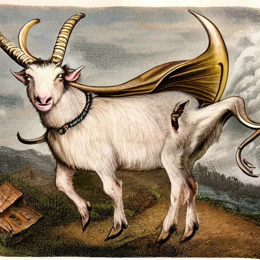 Image similar to hyperrealistic photo of a savage, deformed goat hybrid beast with ram's horns and sharp fangs, attacking a small medieval village