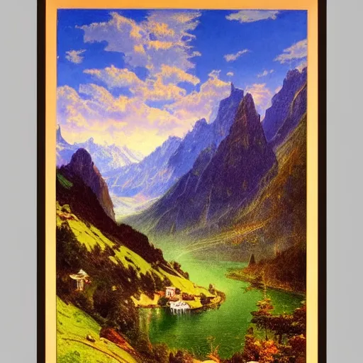 Prompt: wonderful alpine mountain valley, swiss, astral appearance, cinematic light, sublime, colorful, light shafts, dramatic light, by august malmstrom, russian painters, mucha, disney, global illumination, rule of thirds, perfect central composition.