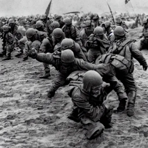 Prompt: Photo by Robert Sargent from 1944 Omaha beach landing at Normandy on D-Day with the Incredible Hulk leading the charge, very detailed, realistic