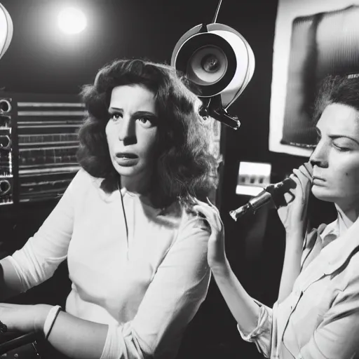 Prompt: two women working in a recording studio. film noir. facial realism. fine detail