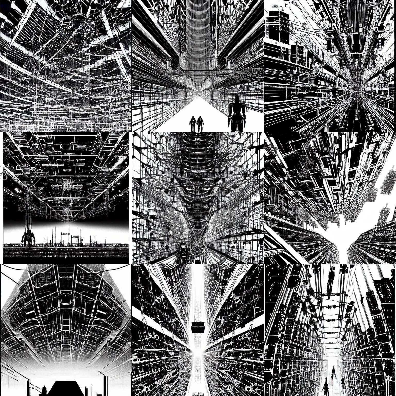 Prompt: giant dimantled disassembled cyborgs and biological androids with wires on bridges and pipes walk through a huge cybernetic megastructure multi - level metropolis in space, black and white, by nihei tsutomu
