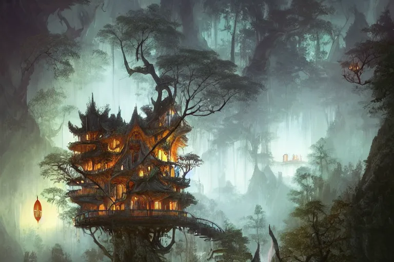 Prompt: treehouses from gaudi in a deep mystical forest, floating chinese lampoons, lake, waterfall, tall people walking and discussing, dynamic lighting, art by peter mohrbacher on artstation, mix with rivendell architecture, night mood