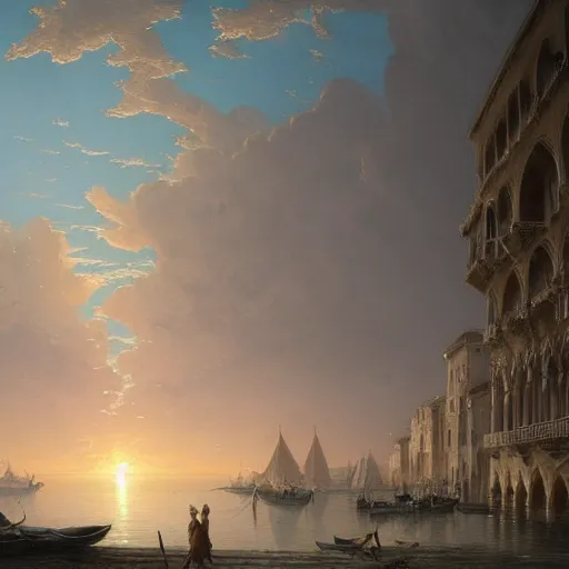 Image similar to a large serene beautiful matte painting of a large venetian harbor upon a calm bay, by asher brown durand and greg rutkowski, featured on artstation