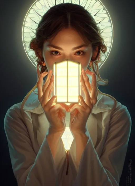 Image similar to symmetry!! portrait of office worker, glowing lights!! intricate, elegant, highly detailed, digital painting, artstation, concept art, smooth, sharp focus, illustration, art by artgerm and greg rutkowski and alphonse mucha