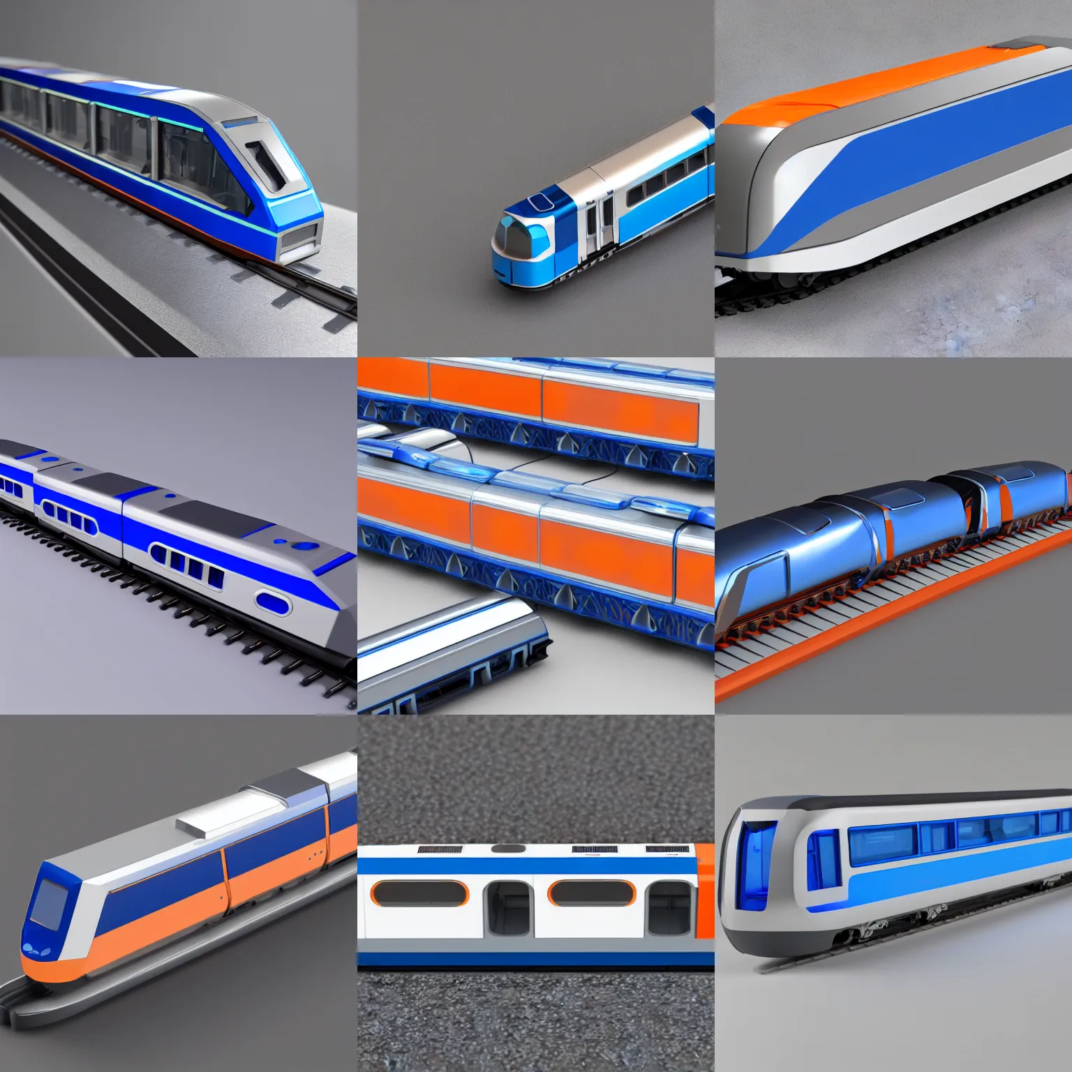 Prompt: cad render of futuristic blue and grey anodized aluminium toy train, parametric solid works, ( design by apple ), studio photo, macro shot, white and grey, orange details, octane render