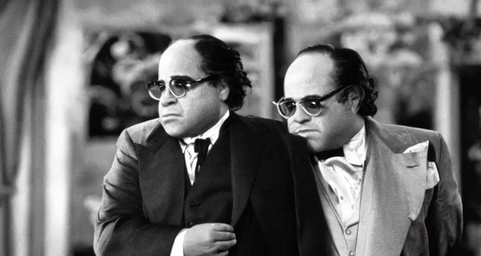 Prompt: a still image of Danny DeVito in The Godfather, cinematic, 40mm f/2.8, 1970s, 35mm motion picture film