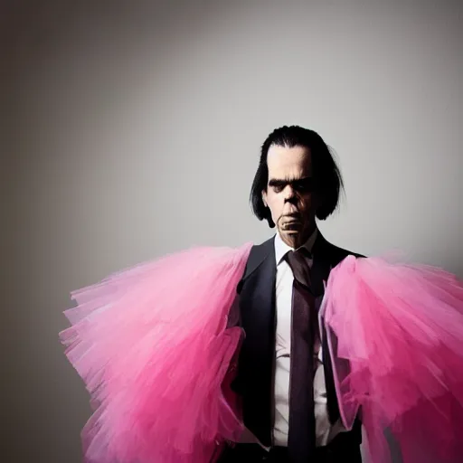 Image similar to nick cave in a pink tutu, dramatic angle, studio photography