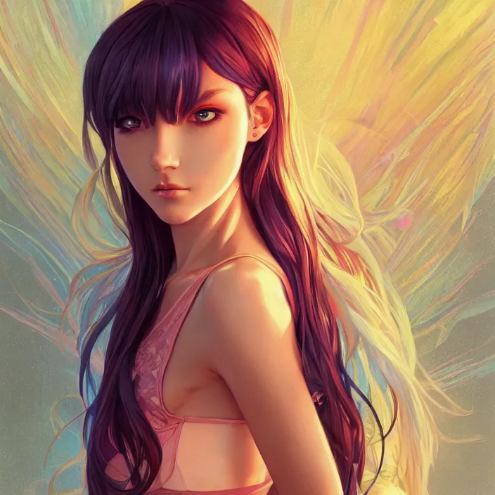 Image similar to portrait of beautiful symmetrical anime girl, rainbow hair, attractive, casual, modern, victoria's secret, highly detailed, digital painting, artstation, concept art, smooth, sharp focus, illustration, art by artgerm, greg rutkowski and alphonse mucha, 8 k,