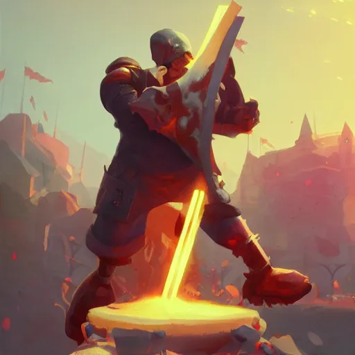 Image similar to battle toast, a slice of toasted bread with a face, arms and legs, holding a sword and shield, volumetric lighting, dynamic composition, fantasy, hyper detailed, ultra realistic, sharp focus, octane render, concept art by sachin teng and sergey kolesov and ruan jia and heng z