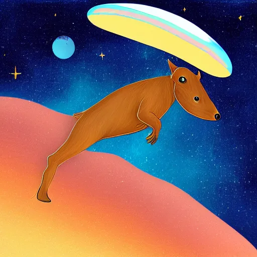 Image similar to digital painting of a boy riding a magical flying capybara in space