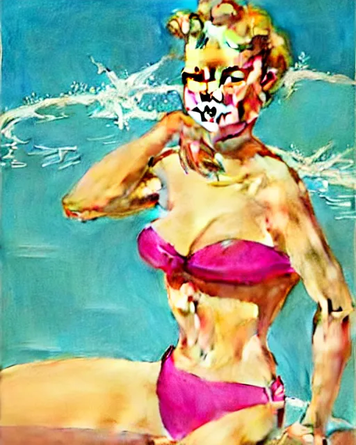 Image similar to tuesday weld swimming in a pink bikini, tuesday weld half immersed in water in a palm springs midcentury swimming pool by gil elvgren, by mort kunstler, by robert maguire